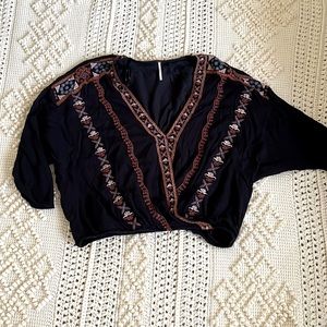 free People black beaded embellished short sleeve boho top blouse size small